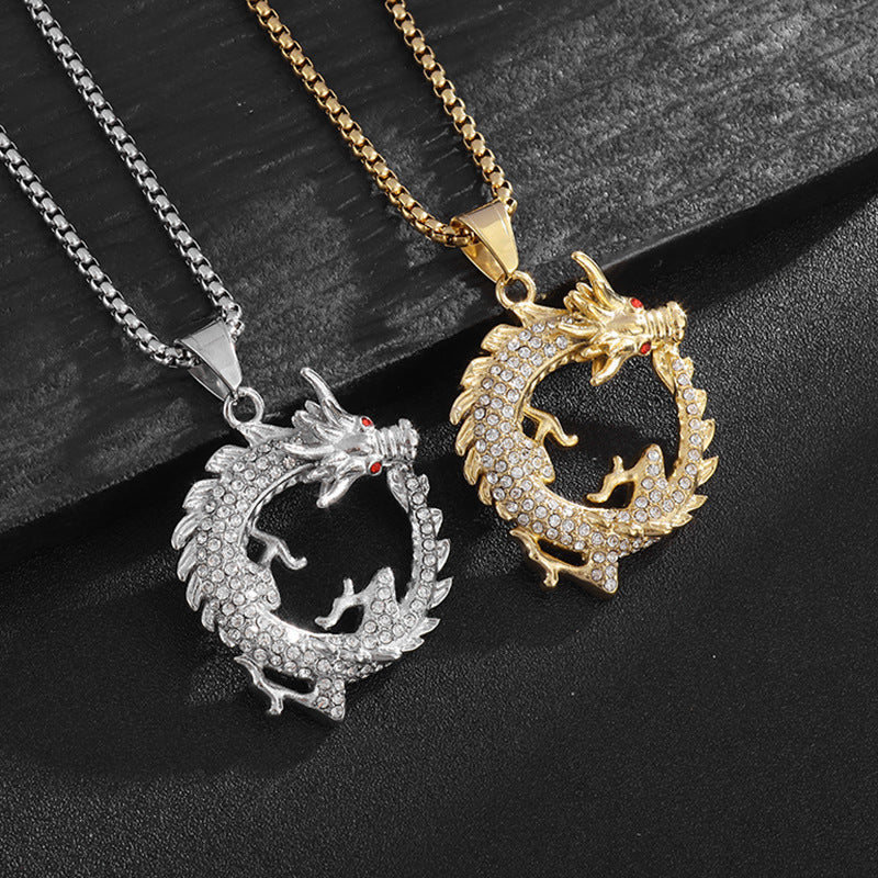 Planderful Dragon Pendant Necklace Titanium Steel Gold Plated Zircon For Urban Hip Hop Fans