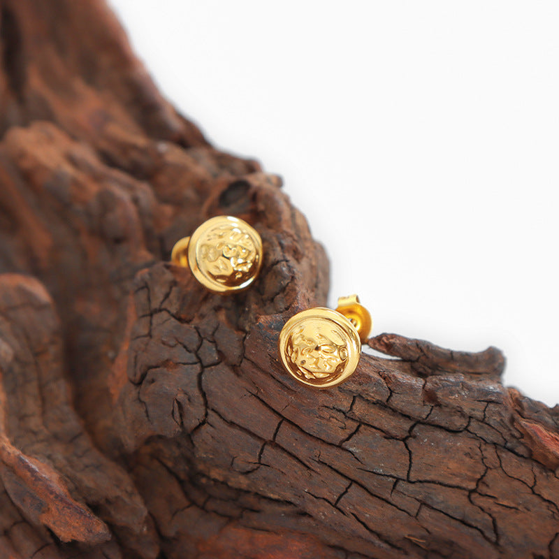 Golden Embossed Round Shield Stud Earrings - European and American Design
