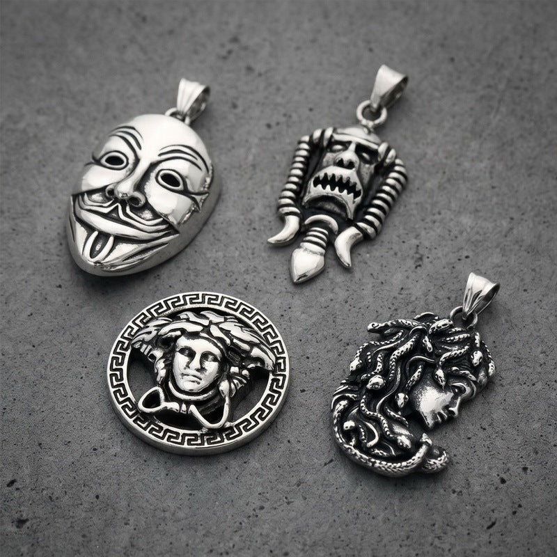Dark Rock Clown Mask Pendant Punk Wind Smear Snake Hair Witch Stainless Necklace