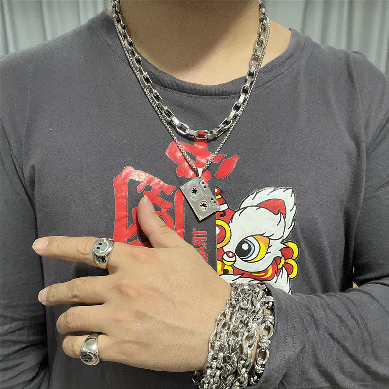 Personalized Retro Titanium Steel Tape Pendant Necklace for Men - Trendy Stainless Steel Design