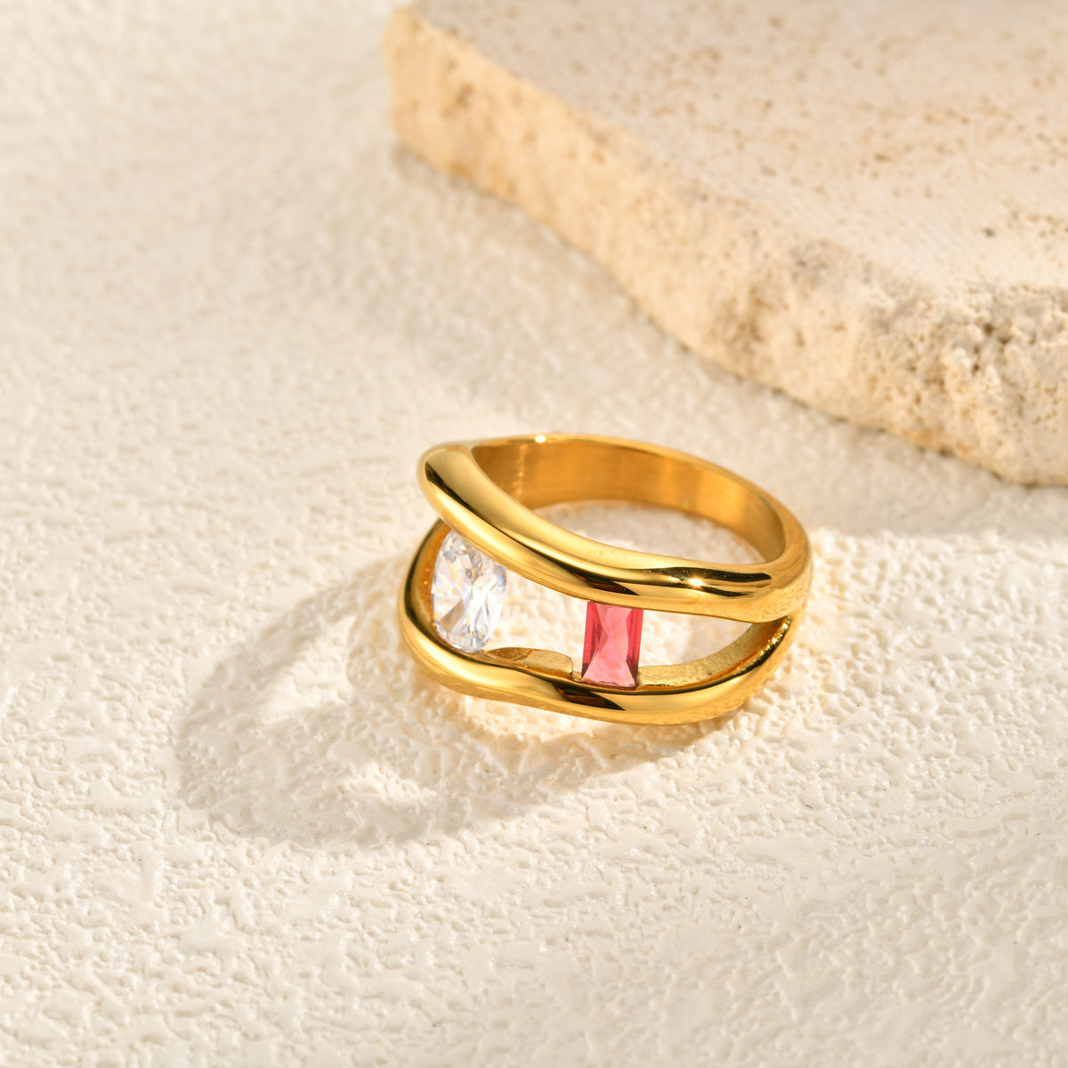 Stainless Steel Wave Lips Two-Color Zircon Ring