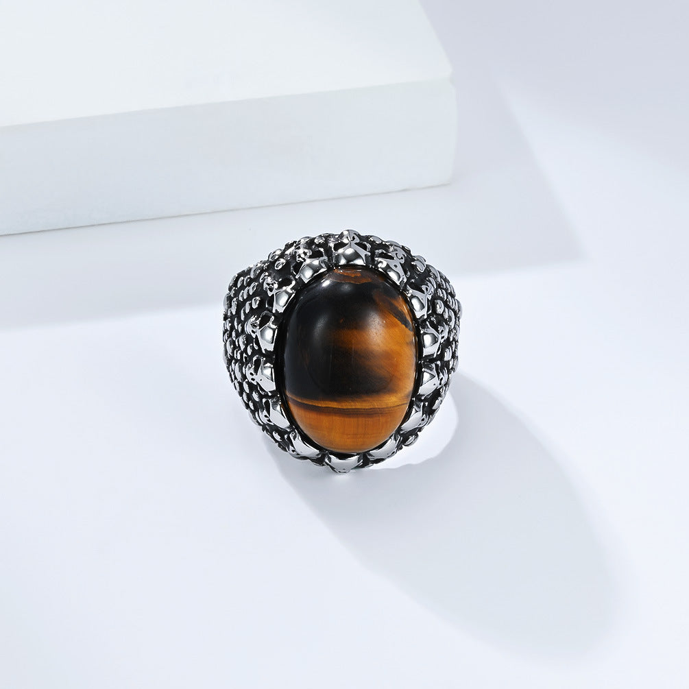Punk Skull Tiger Eye Stone Stainless Steel Ring Men's Dark Street