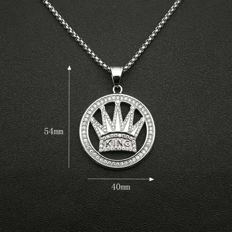 Planderful Hip Hop Crown Pendant Necklace Stainless Steel Gold Plated Rhinestones For Trendsetting Men