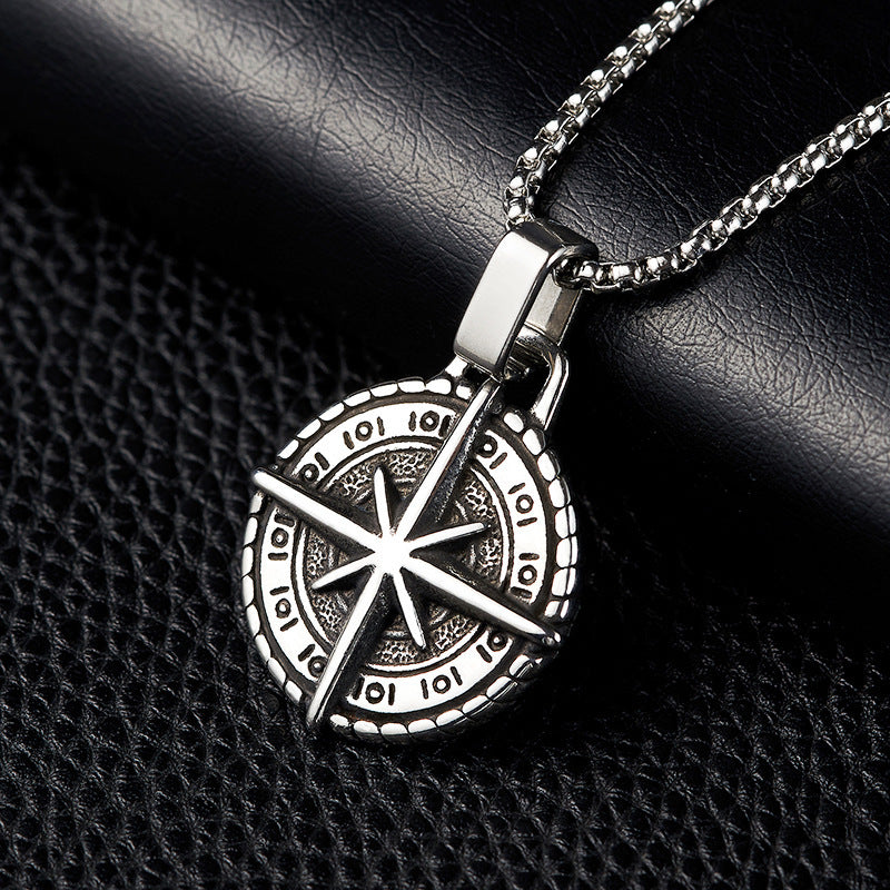 Retro Punk Men's Titanium Steel Compass Pendant Necklace - European and American Design