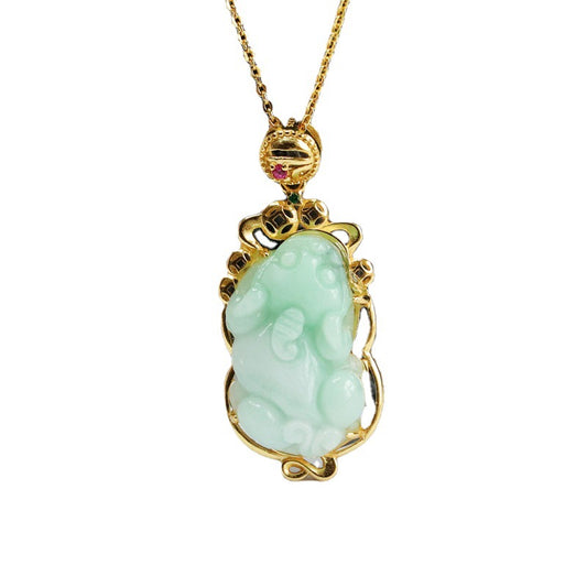 Sterling Silver Pixiu Jade Pendant Necklace with Hollow Edge