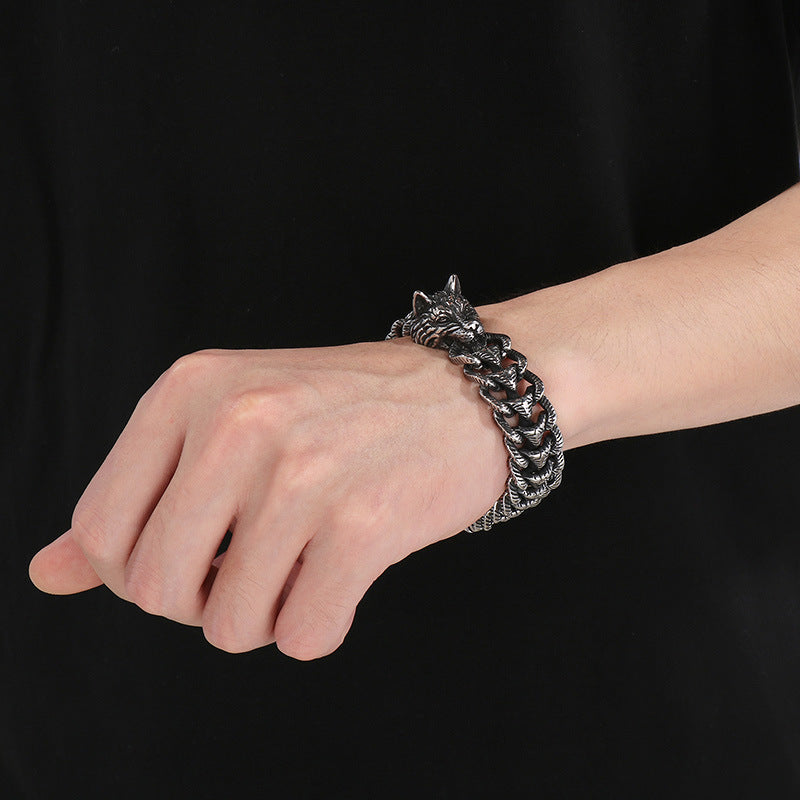 Animal – Punk Dark Wolf Head Layered Braided Keel Chain Titanium Steel Men's Bracelet