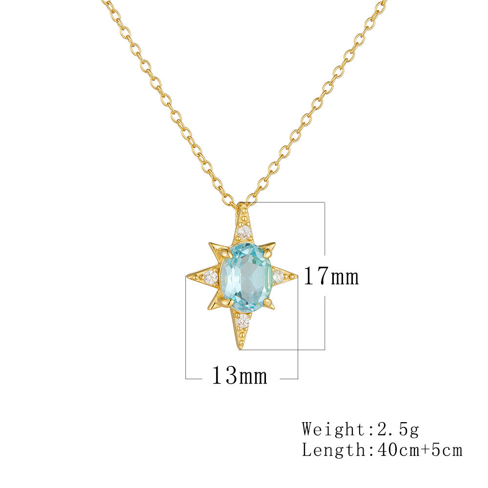 S925 Sterling Silver Octagram Pendant Sky Blue Natural Topaz Necklace
