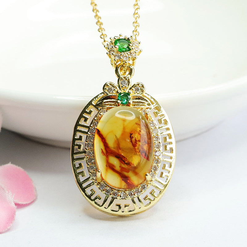 Amber Flower Pendant with Zircon Hollow Design in Sterling Silver
