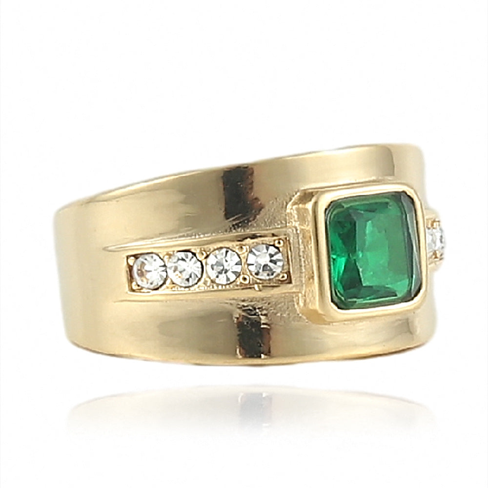 Stylish Green Zircon Inlaid Titanium Steel Ring for Men and Women - European, American, and Korean Design
