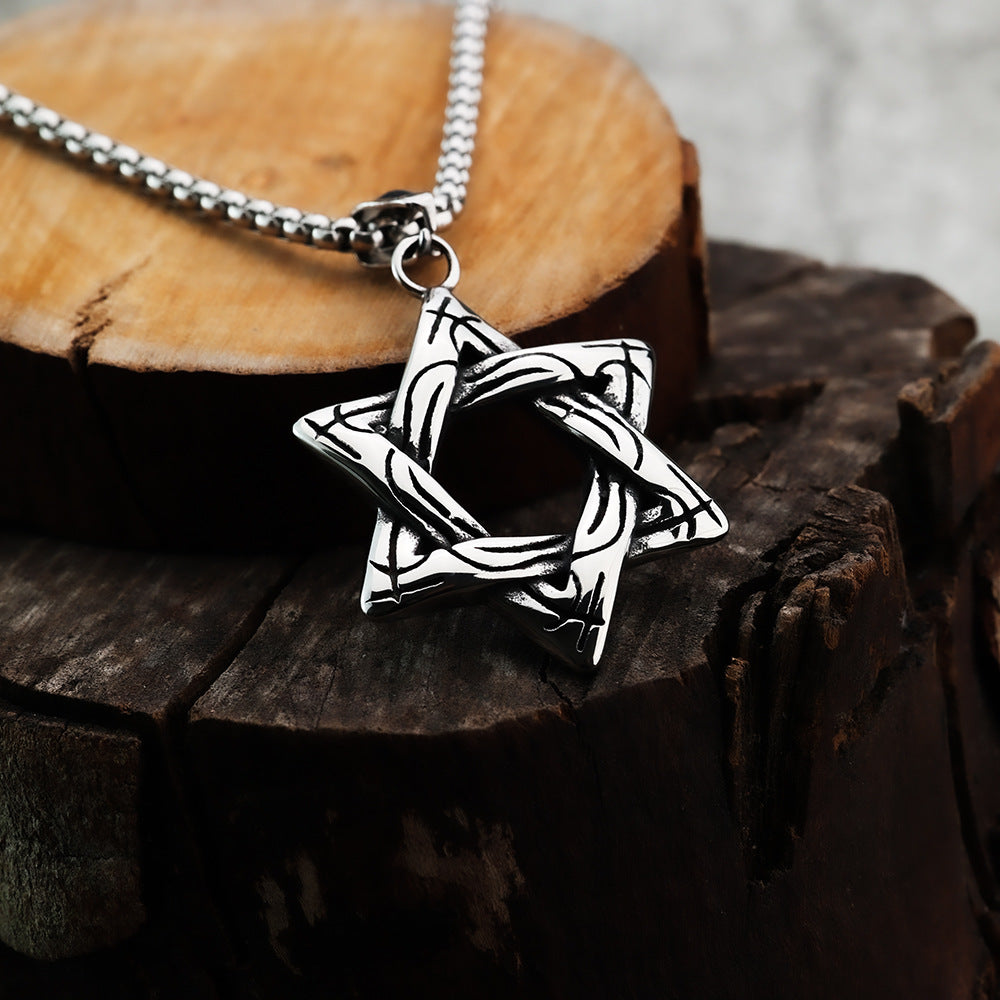 Planderful Titanium Hexagram Pendant For Men Retro Hip Hop Street Necklace Personalized Jewelry