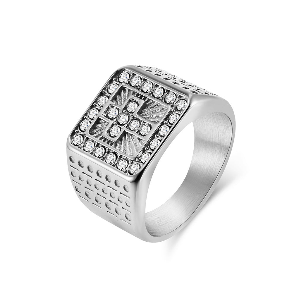 Planderful Hip Hop Mens Cross Ring Titanium Steel Plated 18K Gold Zircon Premium Light Luxury Jewelry