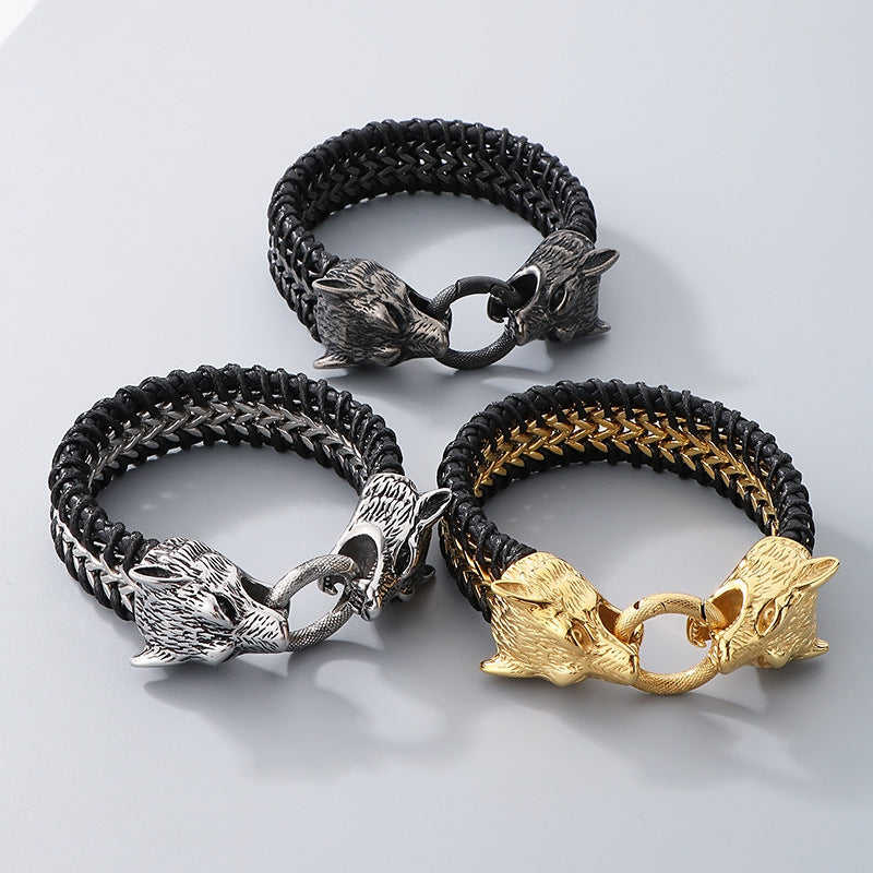 Planderful Double Wolf Head Lion Head Bracelet Men Titanium