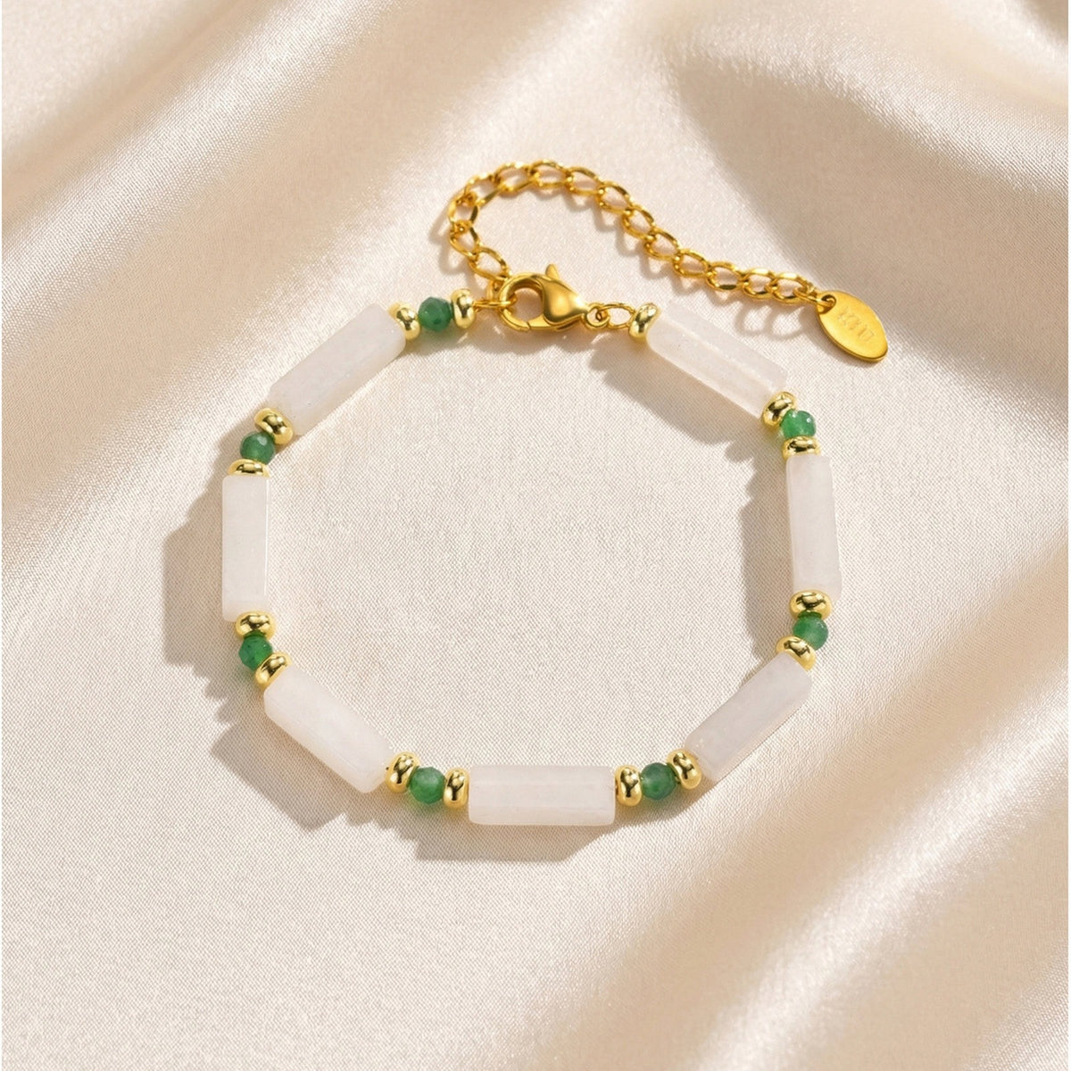 White Jade Bead Stainless Steel Bracelet
