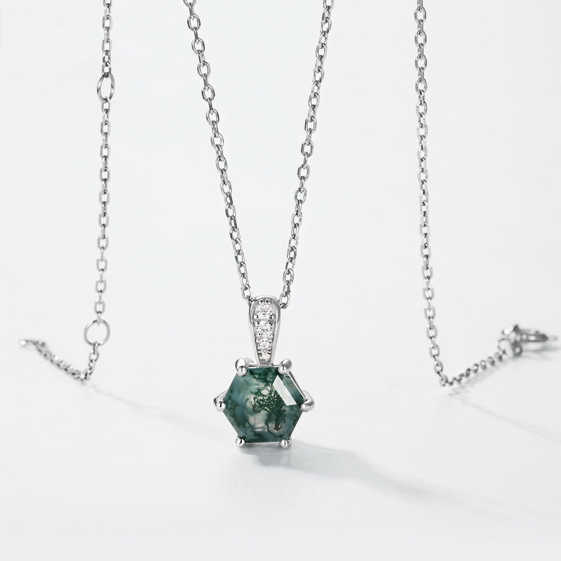 Planderful Jewelry Sterling Silver Hexagonal Green Moss Agate Necklace For Collarbone Luxury Everyday Genie