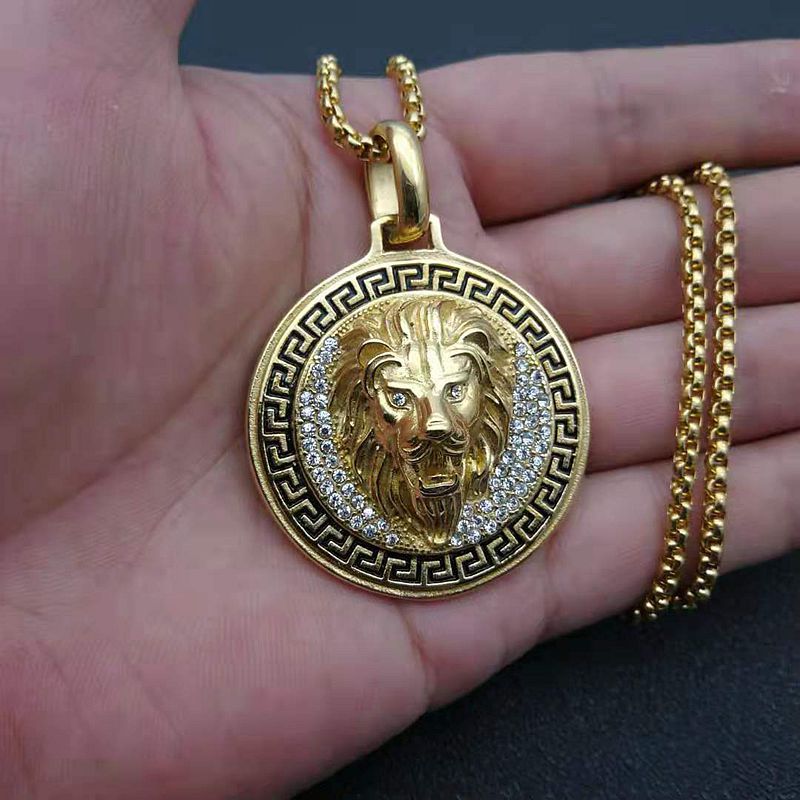 Planderful Everyday Genie Lion Head Pendant Necklace In Steel For Hip Hop Fans Diamond Disc Gold Plated