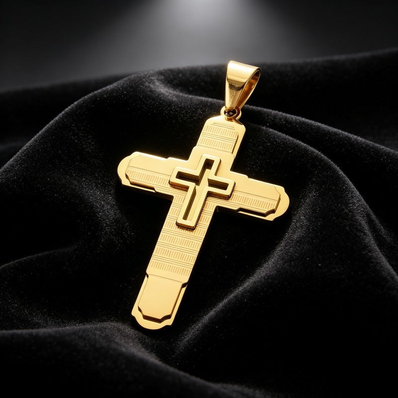 Hip-Hop Rock Multi-Level Design Cross Pendant Retro Brushed Stainless Steel Men's Pendant Necklace