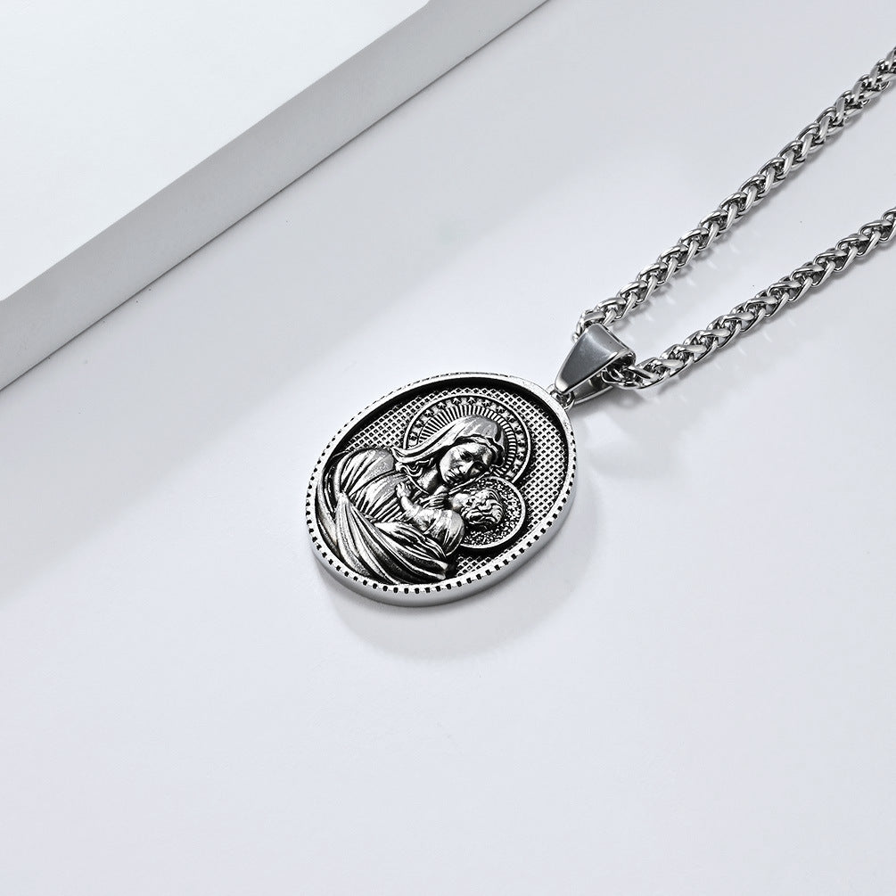 Virgin Mary Titanium Steel Necklace Round Tag Pendant for Men