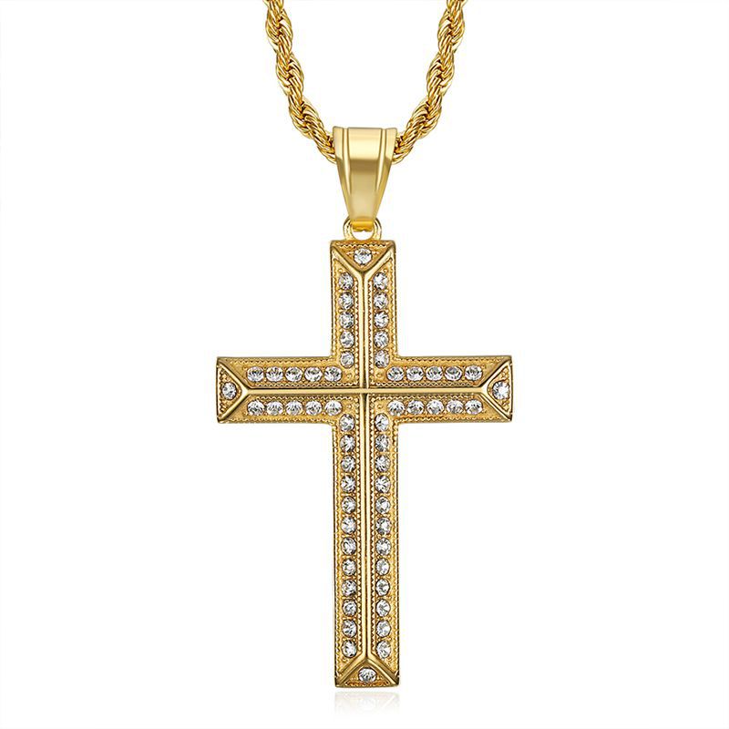 Planderful Everyday Genie Titanium Steel Gold Plated Zircon Cross Pendant Necklace For Men And Women