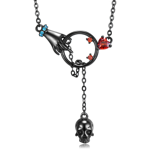 Halloween Black Circle with Red Zircon Tassel Skull Silver Necklace