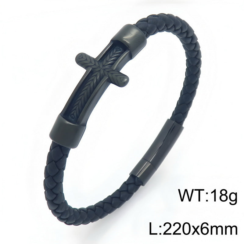 Wheat Ear Cross Curved Bar Woven Leather Bracelet Old Round Stainless Steel