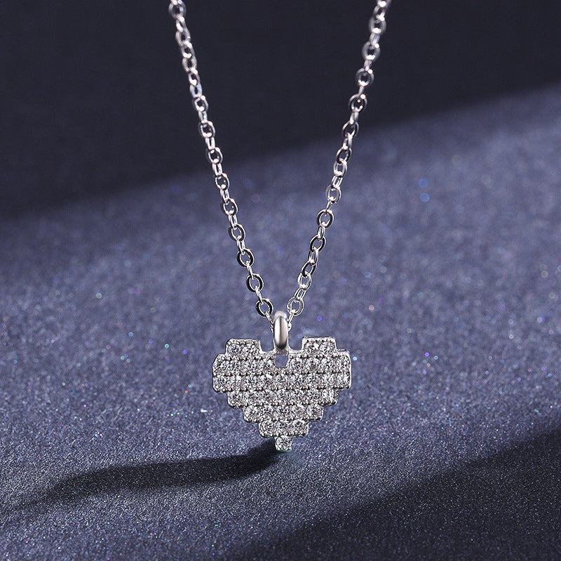Elegant Heart-shaped Sterling Silver Necklace with Micro-studded Zircon Cross Pendant
