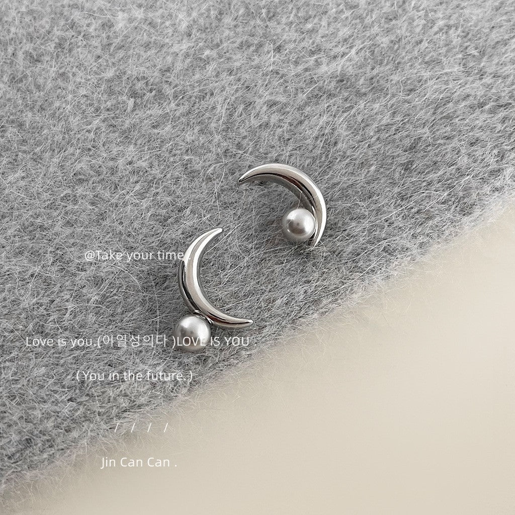 Minimalist Moon Pearl 925 Sterling Silver Women's Earrings