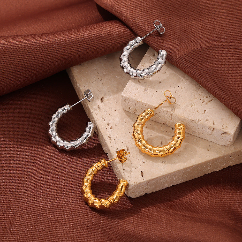 Elegant Titanium Steel Gold-Plated Spiral Texture Geometric Earrings