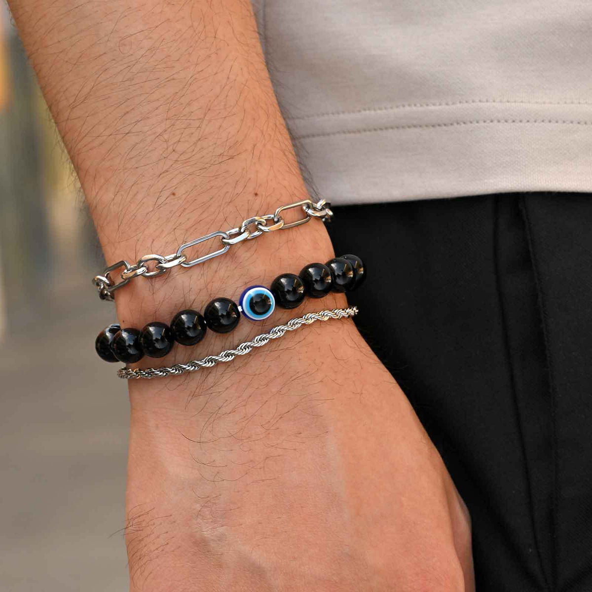 Braided Black Stainless Steel Bracelet for Men