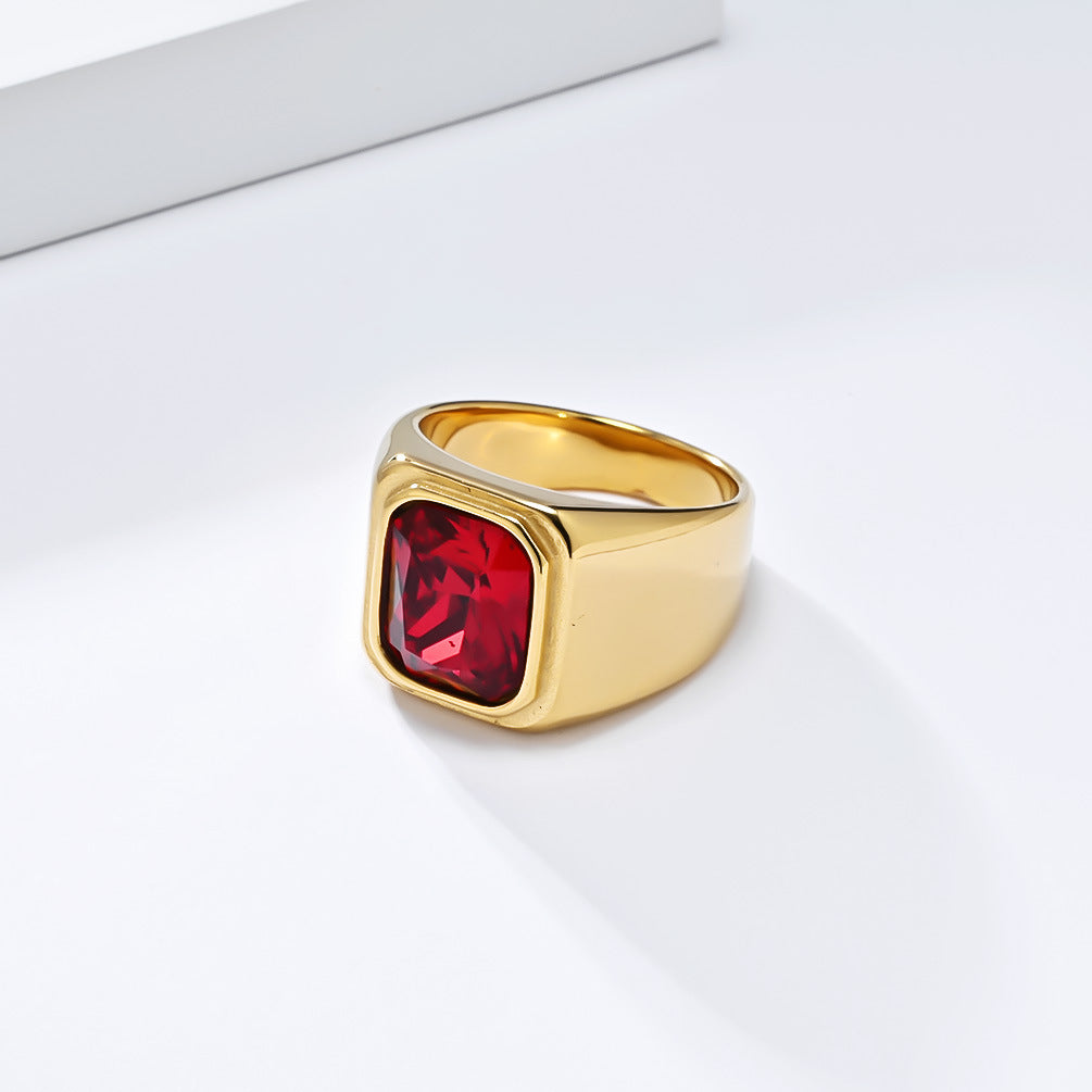 Planderful Personalized Light Luxury Men's Square Gemstone Ring Titanium Steel Gold-Plated