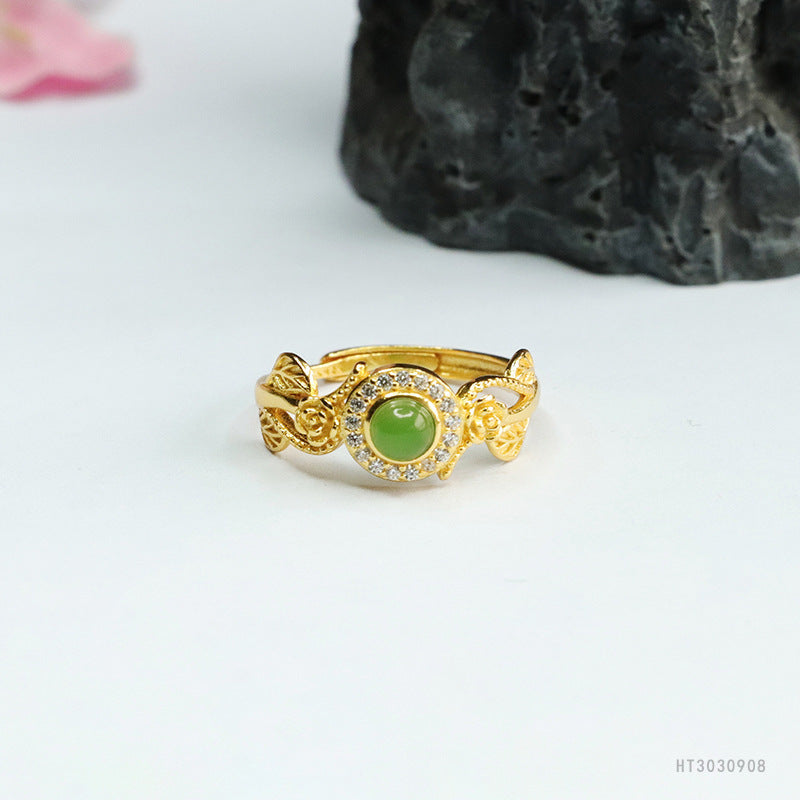 925 Sterling Silver Hetian Jasper Floral Leaf Ring