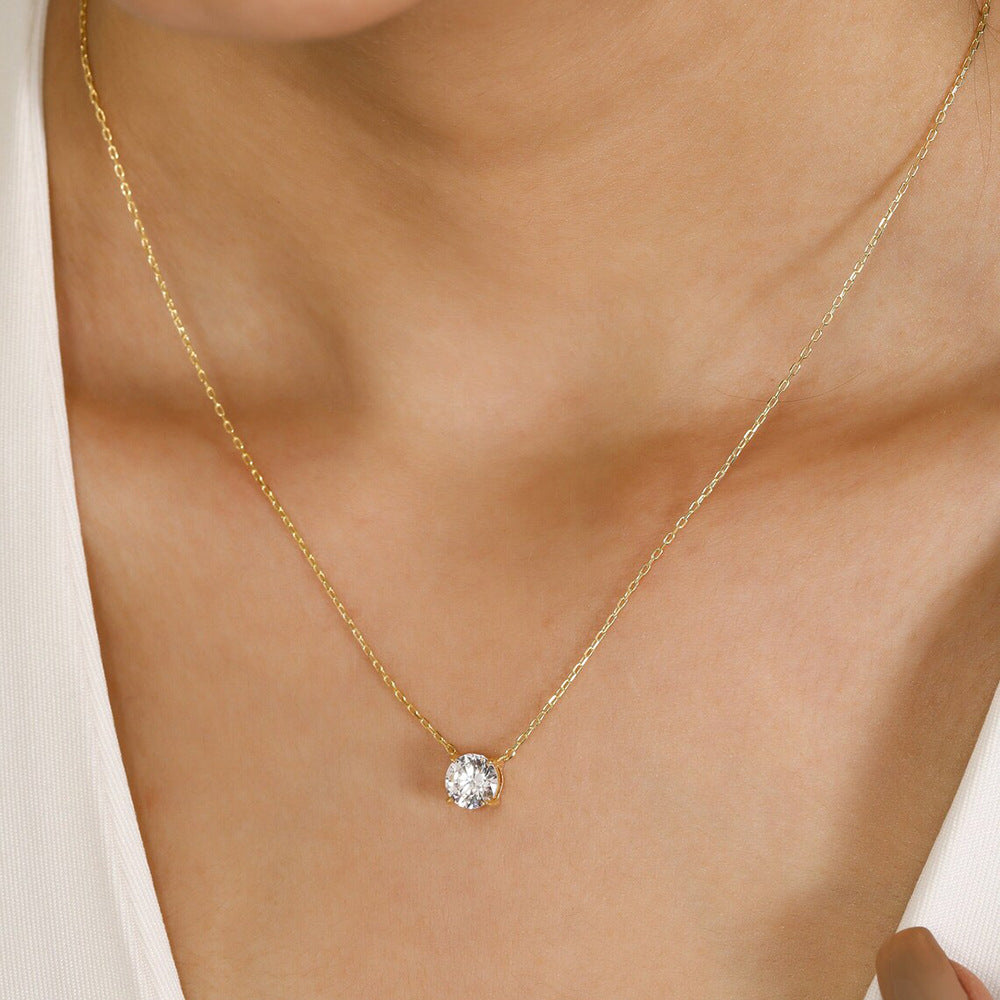 S925 Sterling Silver Round Zircon Pendant Necklace Single