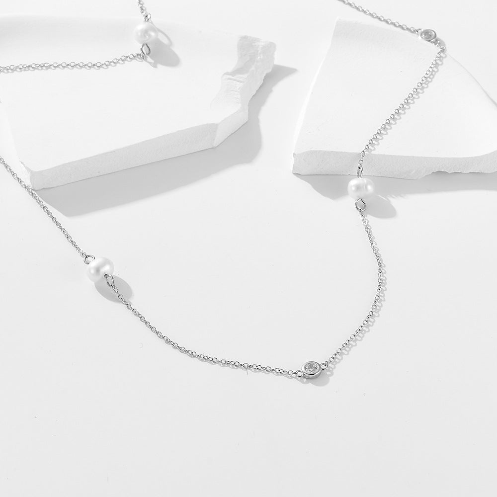 Sterling Silver Natural Freshwater Pearl Necklace Zircon