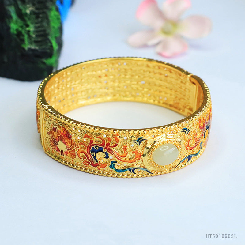 Qingshui Hetian Jade Enamel Dragon & Phoenix Bangle