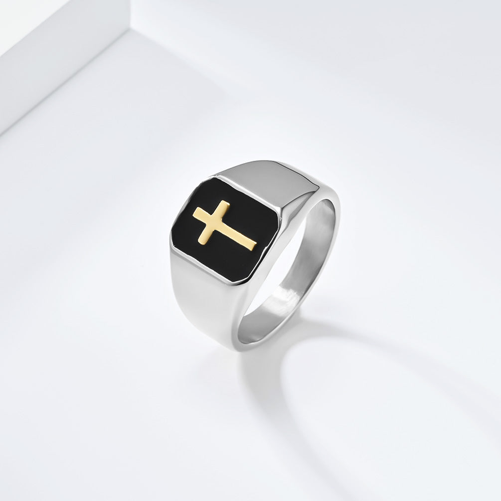 Steel Ring - Statement Punk Hip Hop Seal Cross Design Oil Drop Mens Fashion Ring Planderful