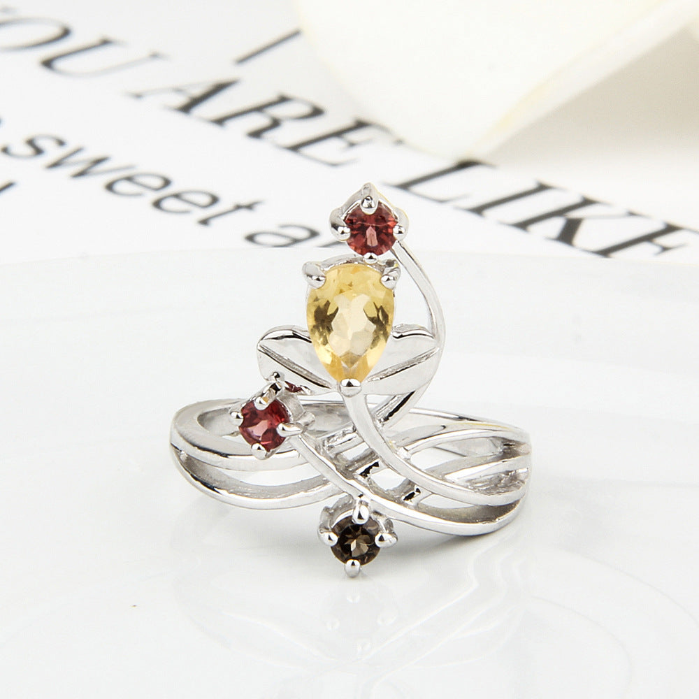 Flower Branch Natural Gemstones Silver Ring
