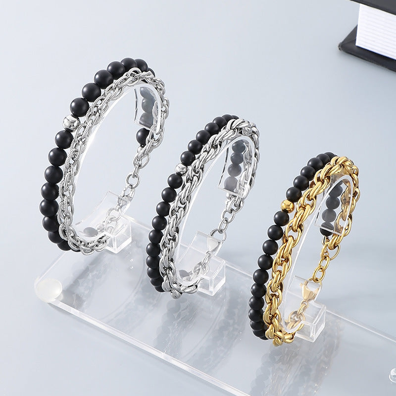Planderful Black Agate Steel Ball Bracelet Retro Twist Men