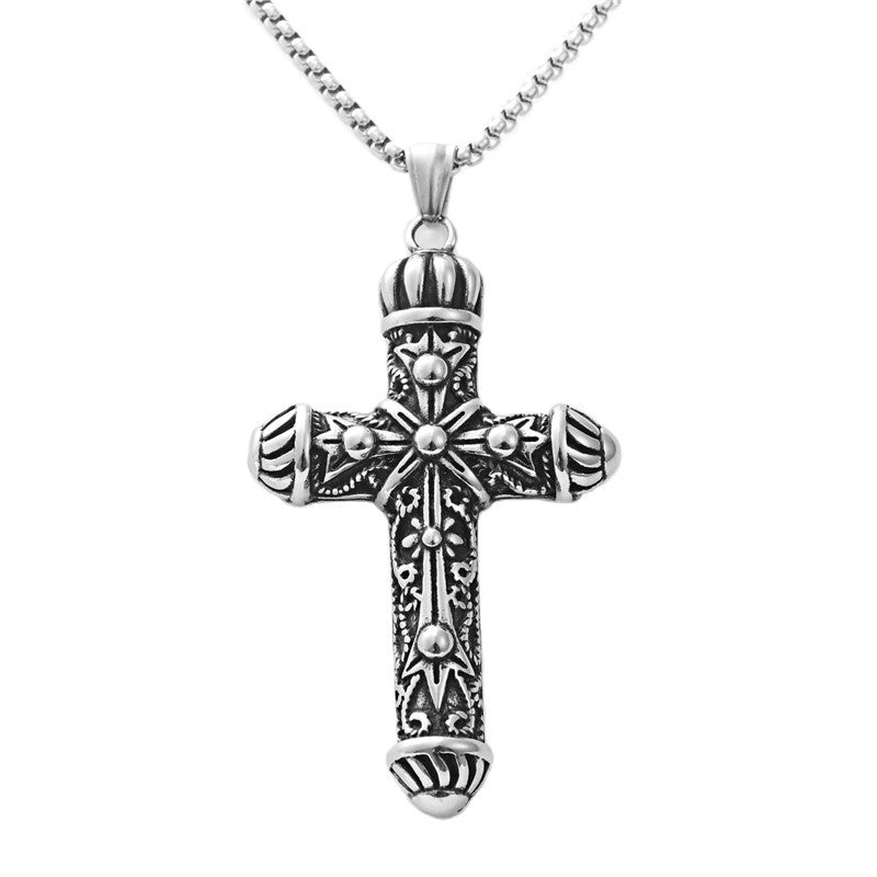Men's Retro Punk Titanium Steel Flower Cross Pendant Necklace