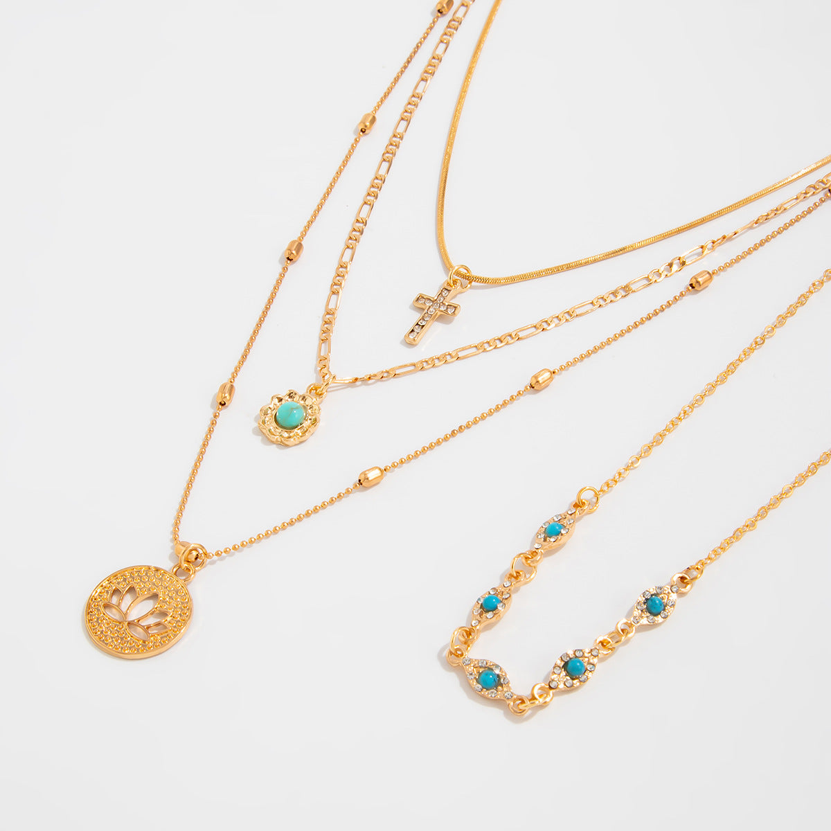 Lotus Drop & Cross Layered Pendant Necklace