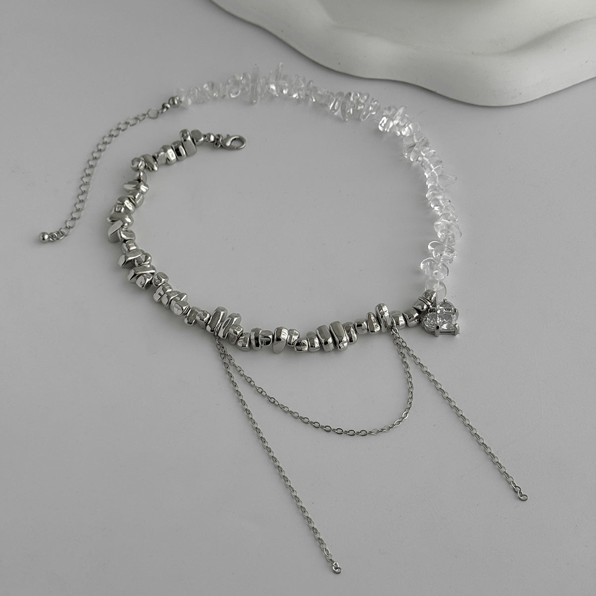 Heart-Shaped Zircon Pendant Pearl Necklace Crystal Beaded Fringed Collarbone Chain