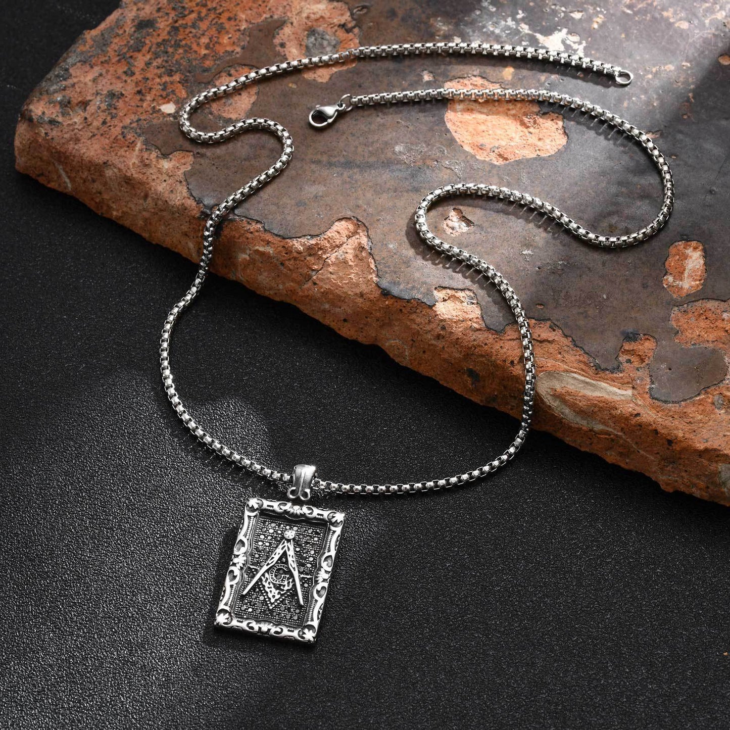 Titanium Steel Stainless Steel Freemasonry Square Tags Pendant Necklace