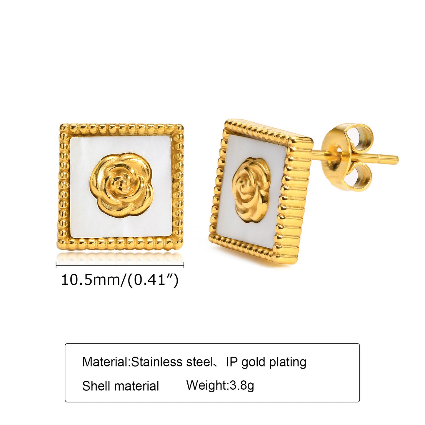 French Vintage Shell Rose Stud Earring Stainless Steel Jewelry