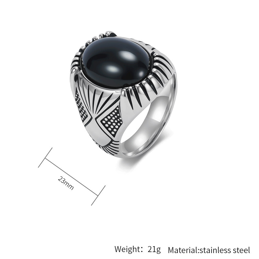 Planderful Everyday Genie Retro Oval Black Stone Ring For Men And Unisex Durable Titanium Steel