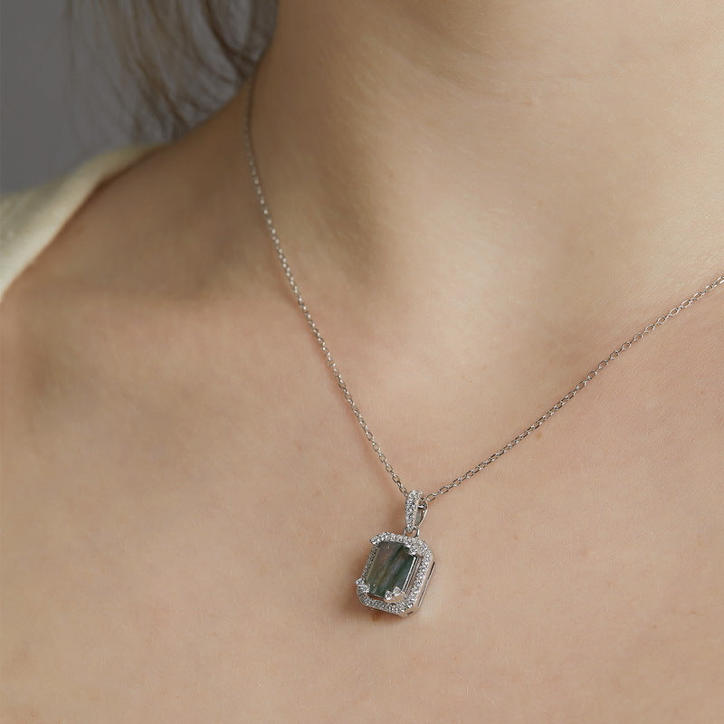 S925 Sterling Silver Moss Agate Pendant Necklace