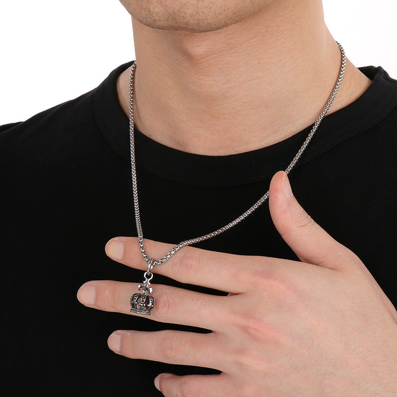 Old Versatile Zircon Cross Flower Sweater Chain, Retro Crown Stainless Steel Men's Pendant. Necklace