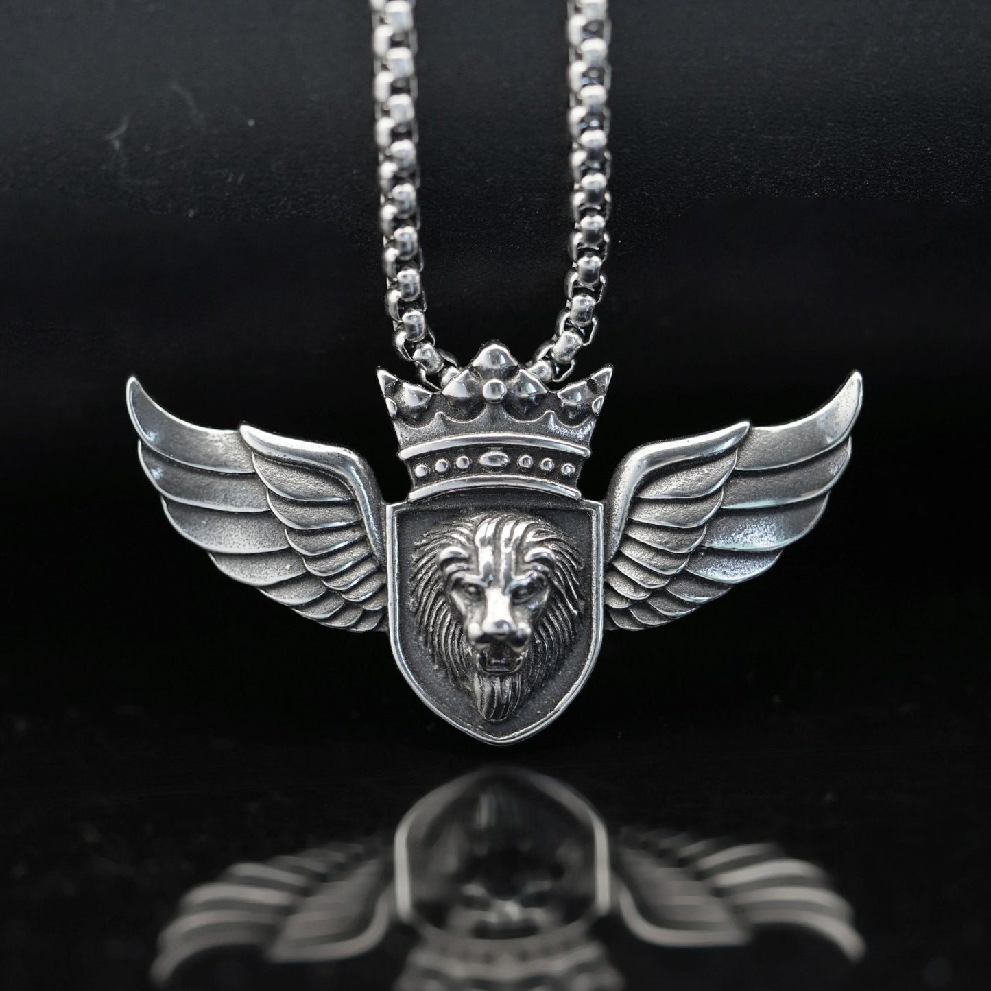 Steel Necklace - Vintage Winged Lion Head Crown Pendant For Bold Everyday Wear And Collectible Style