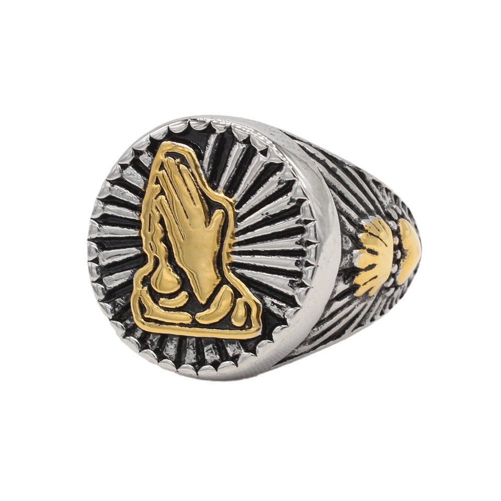 Rustic Prayer Hand Men's Titanium Steel Ring - Wholesale Foreign Trade Jewelry