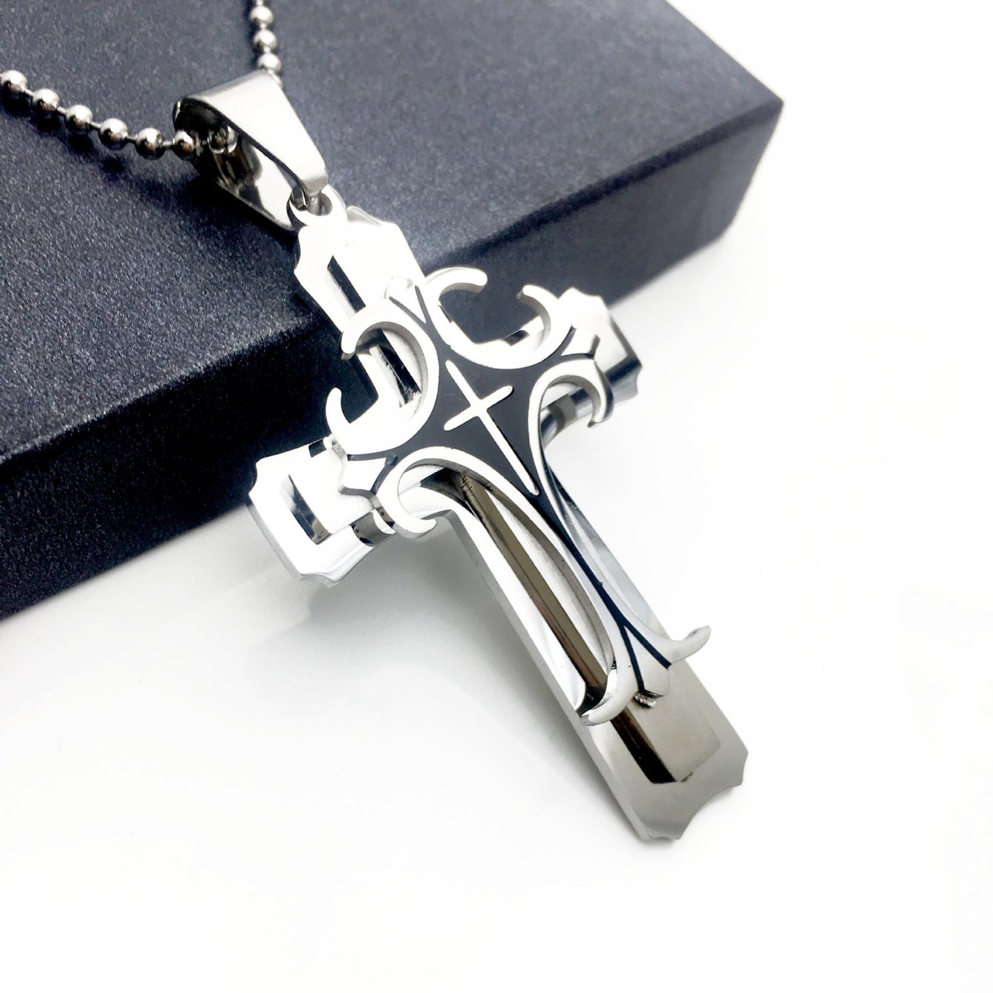 Planderful Titanium Steel Long Necklace With Bold Three Layer Cross Pendant For Men Gift For Him