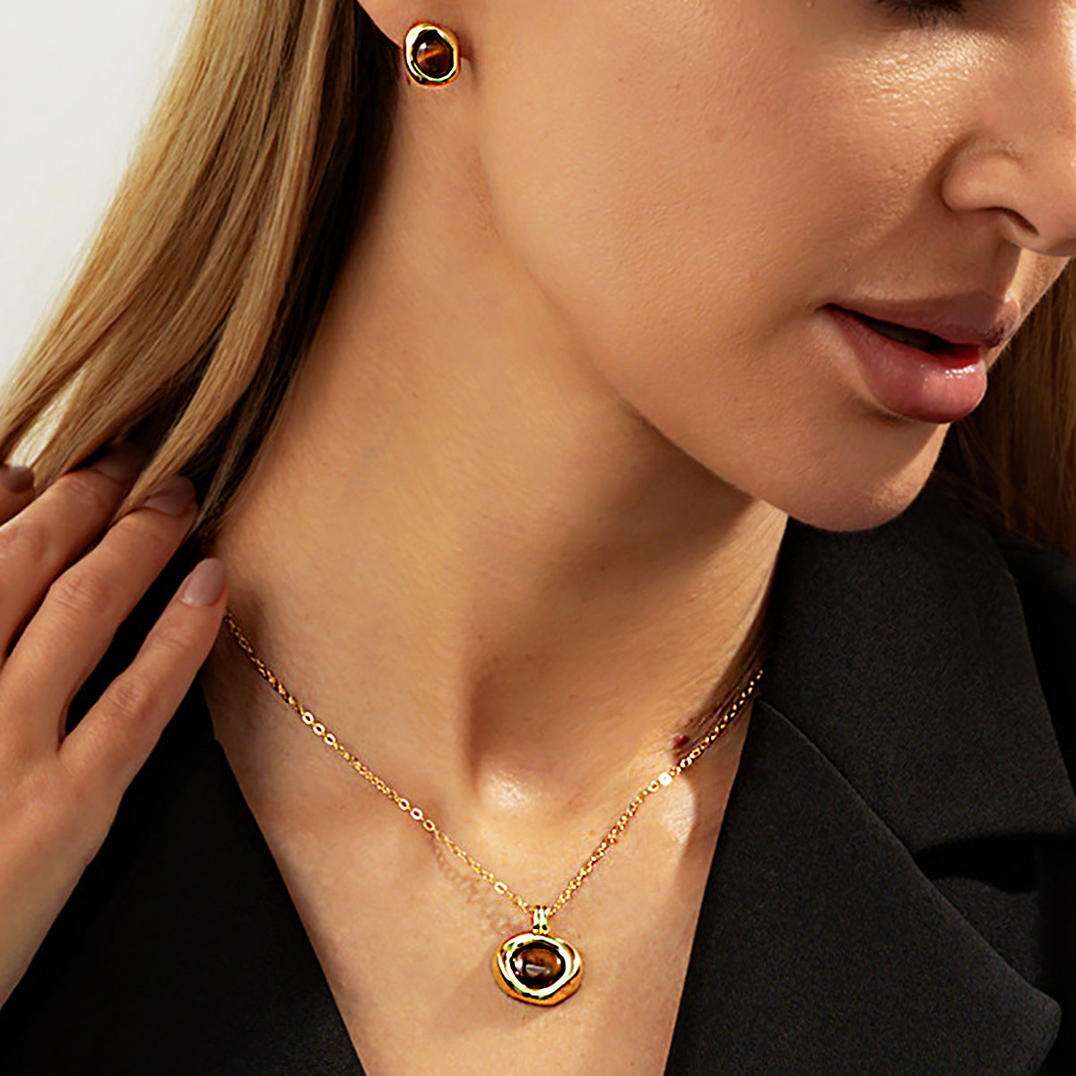 Tiger-Eye-Style Necklace & Earrings Set