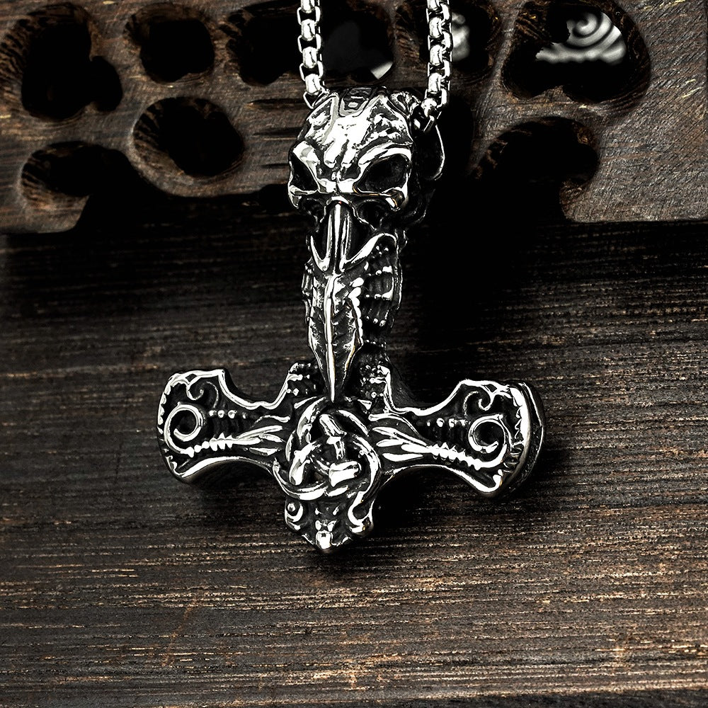 European And American Jewelry Wholesale Titanium Steel Pendant Men's Stainless Steel Necklace Retro Viking Crow Thor Hammer