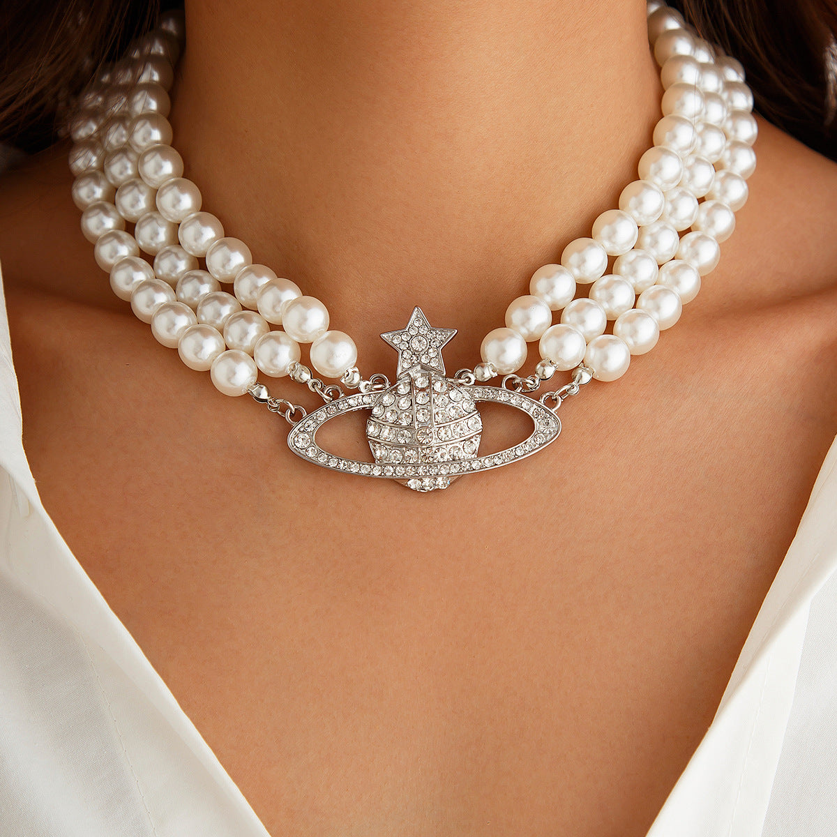 Pearl Planet & Star Fringe Layered Necklace